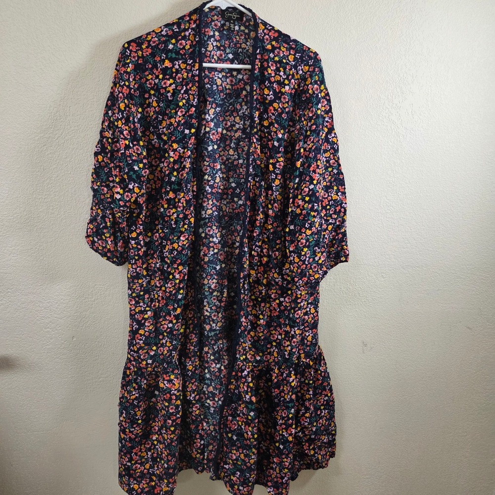 Jessica Simpson XL Navy Blue Ditsy Floral Tiered Ruffle Kimono Cardigan Boho